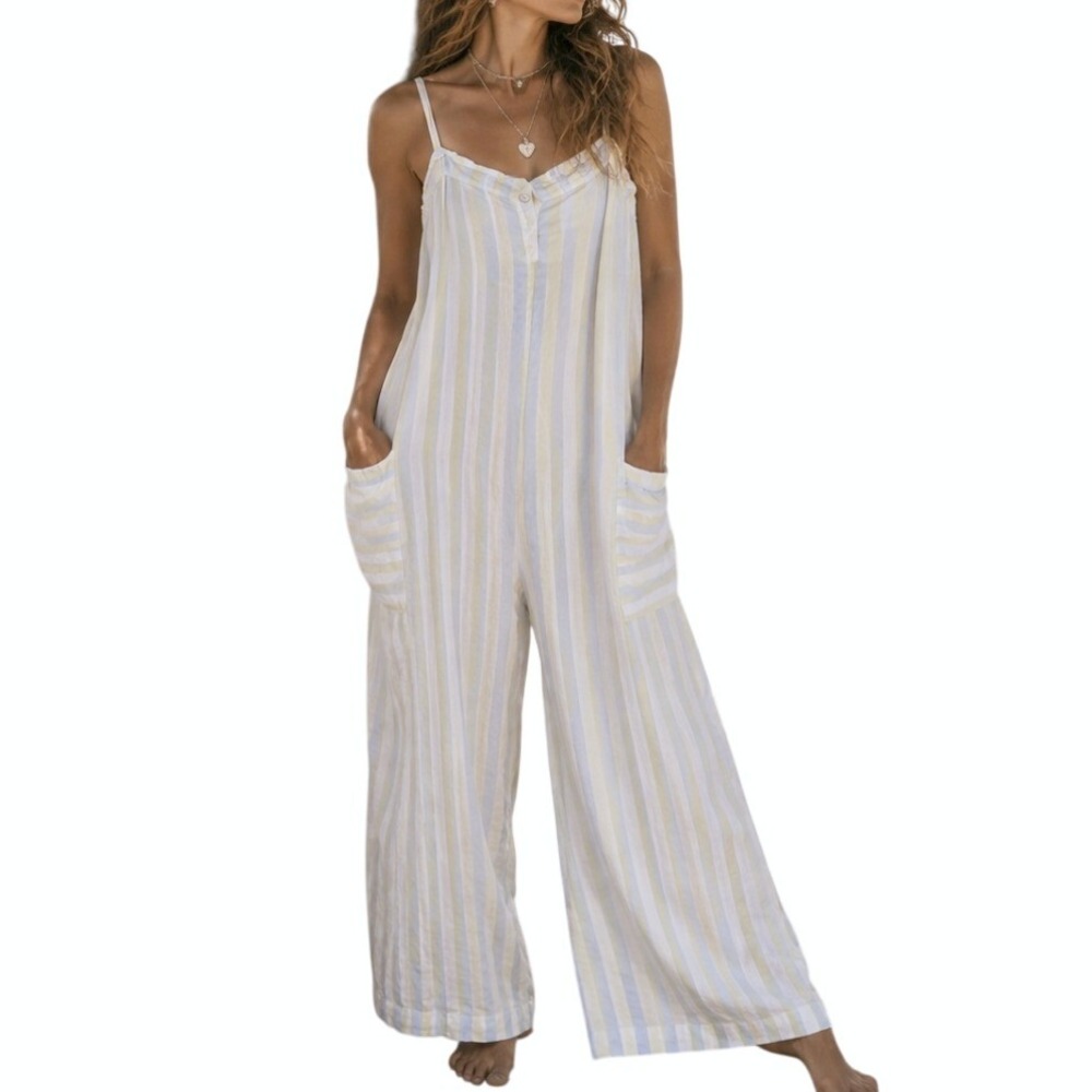 Stoney Clover Lane Jumpsuit Linen Striped Wide Leg Medium Yellow Beach Preppy